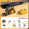 A yellow 1:64 scale remote control construction vehicle and a yellow accessory device are displayed on a wooden surface.