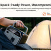A hand places a compact portable power station into a backpack next to a tent.