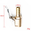 Brass tire inflator quick-connect adapter with clip-on lock shown with dimensions and weight.
