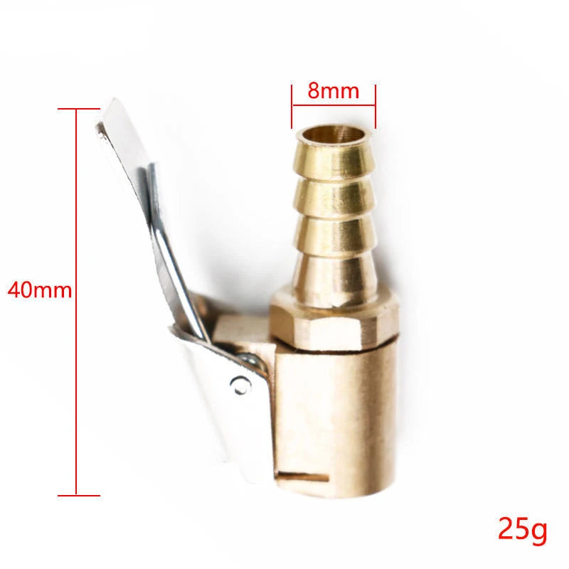 Brass tire inflator quick-connect adapter with clip-on lock shown with dimensions and weight.