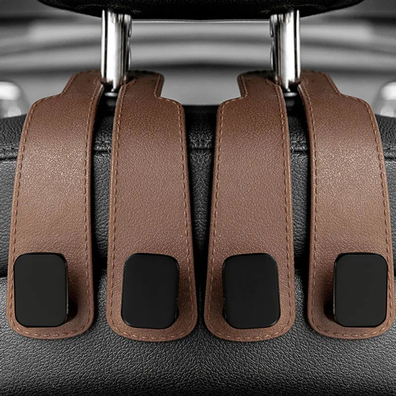 Car headrest hooks for bags and shopping organizer in brown leather