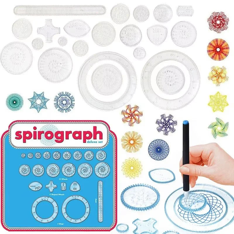 A collection of 22 transparent plastic gears and rings for creating spiral art patterns.