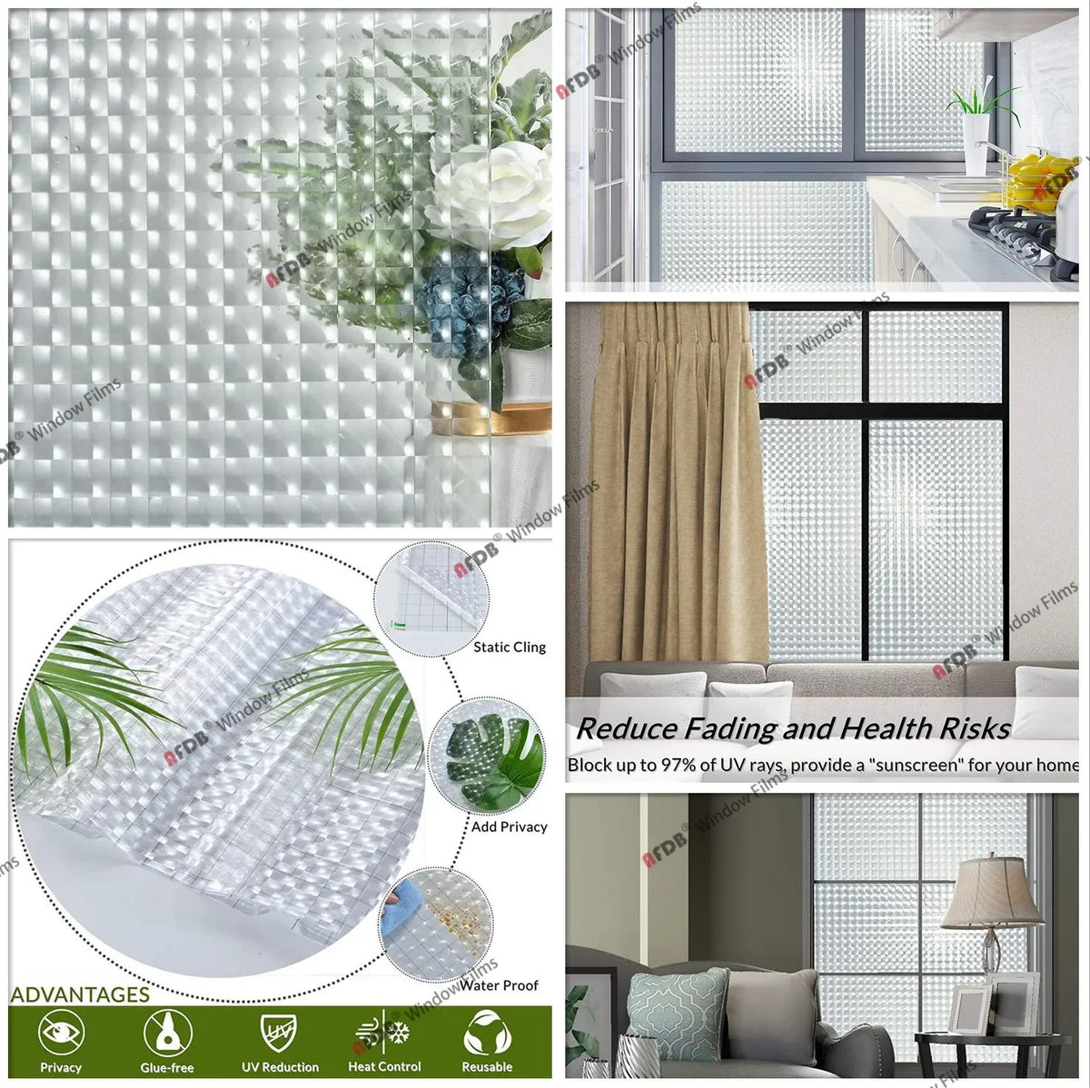Frosted stripe privacy window film applied to a window, showing its texture and installation.