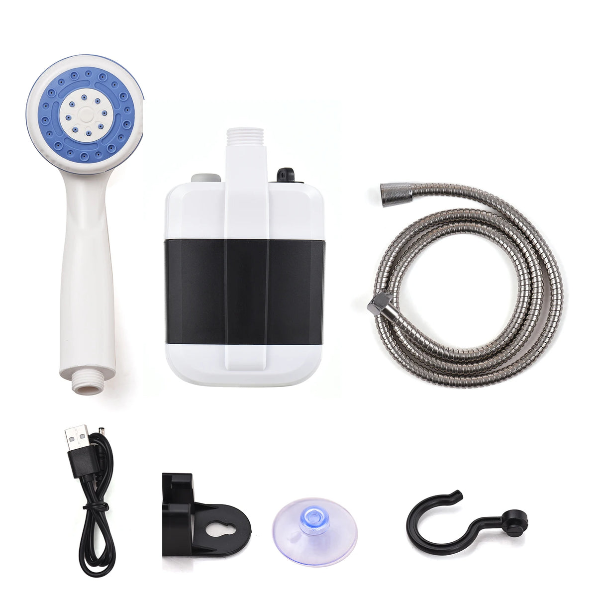 Portable rechargeable camping shower pump with a white handle, black body, and coiled cord.