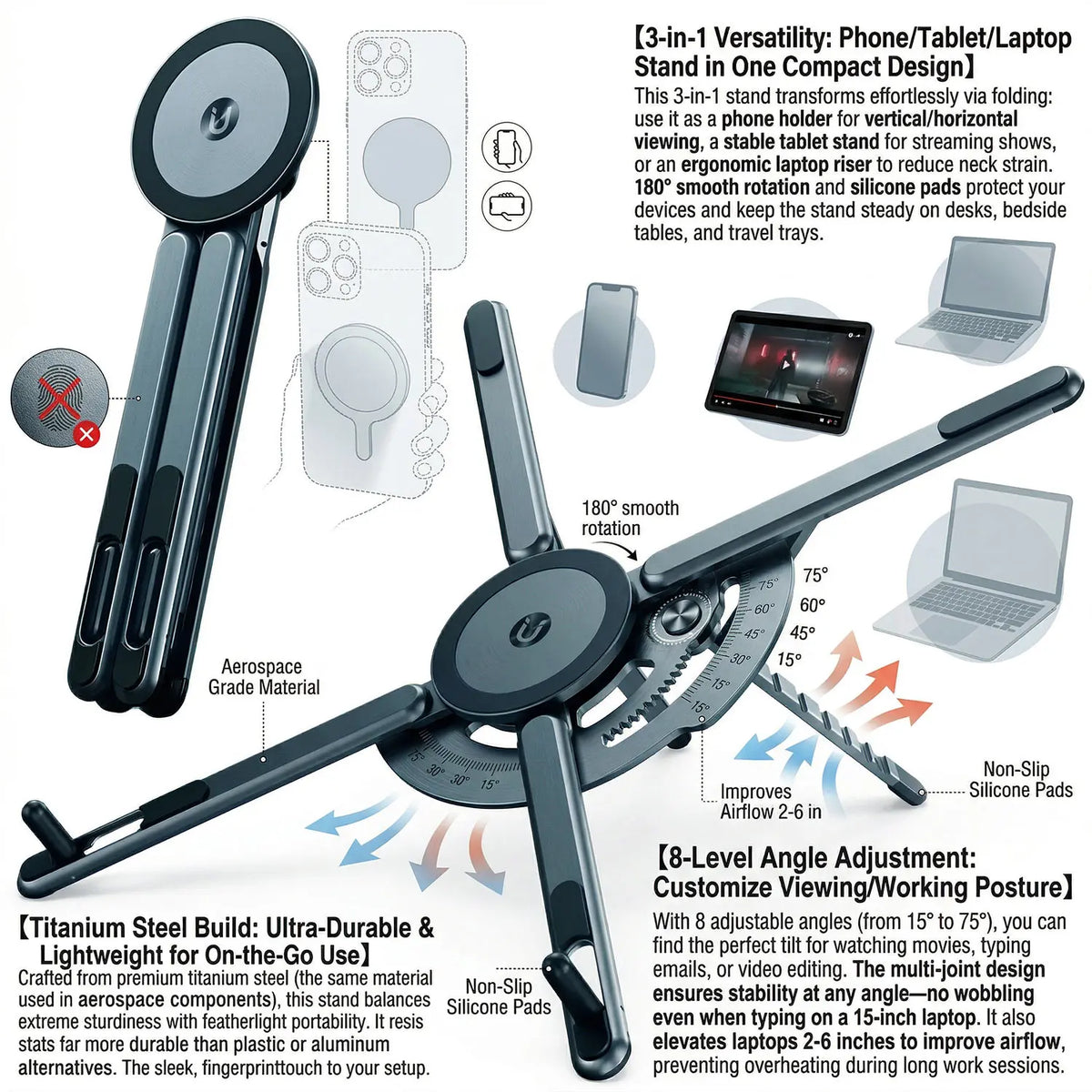A 3-in-1 magnetic tablet stand with foldable alloy design shown in various angles and contexts.