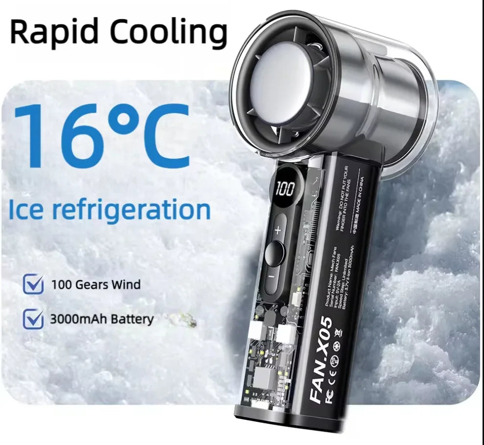 A silver portable cooling fan is shown with ice refrigeration features and a 3000mAh battery.