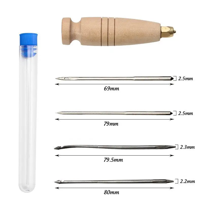A set of leather sewing awls with replaceable needles shown next to various sized metal needles.