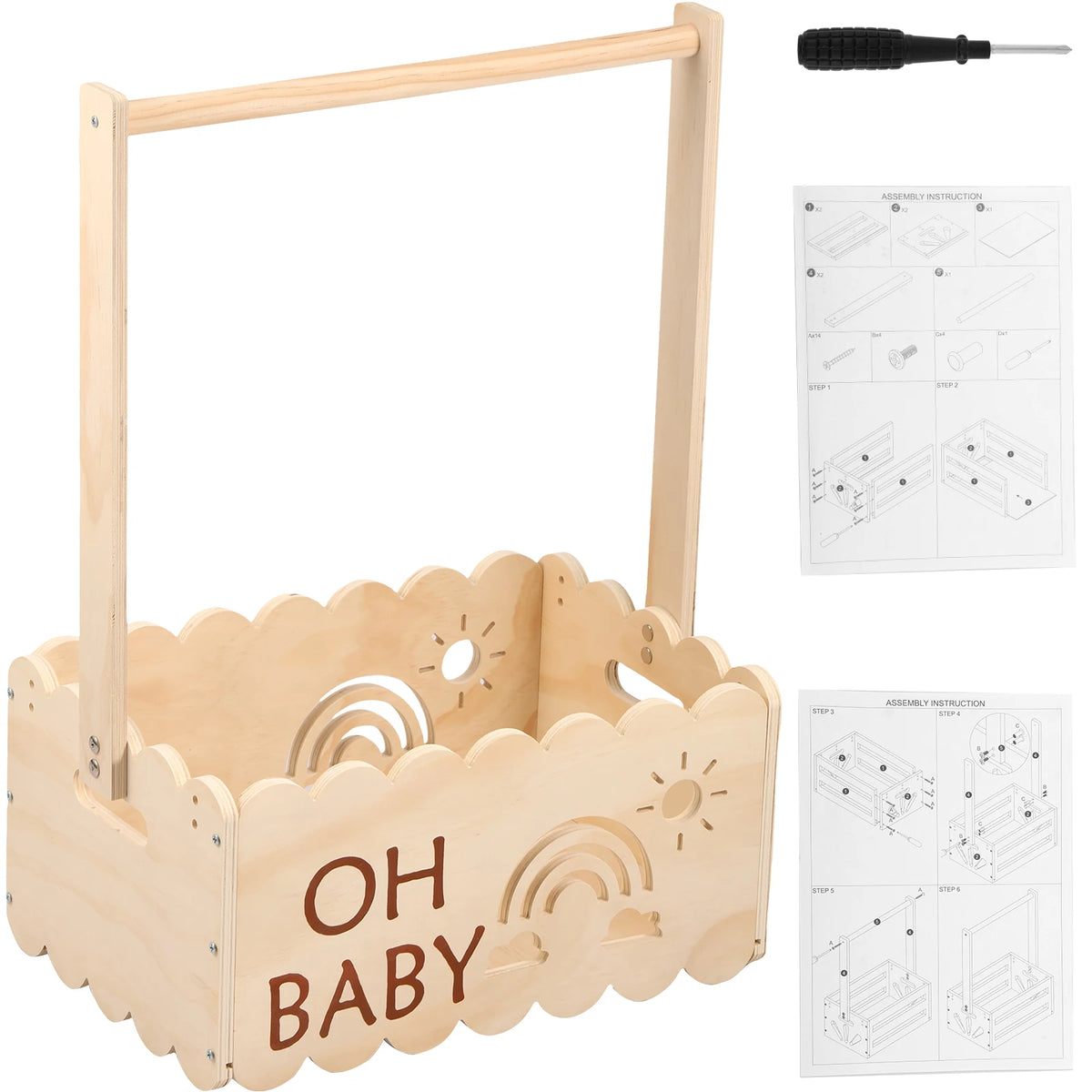 A rustic wooden baby shower crate with a handle and accompanying assembly instructions.