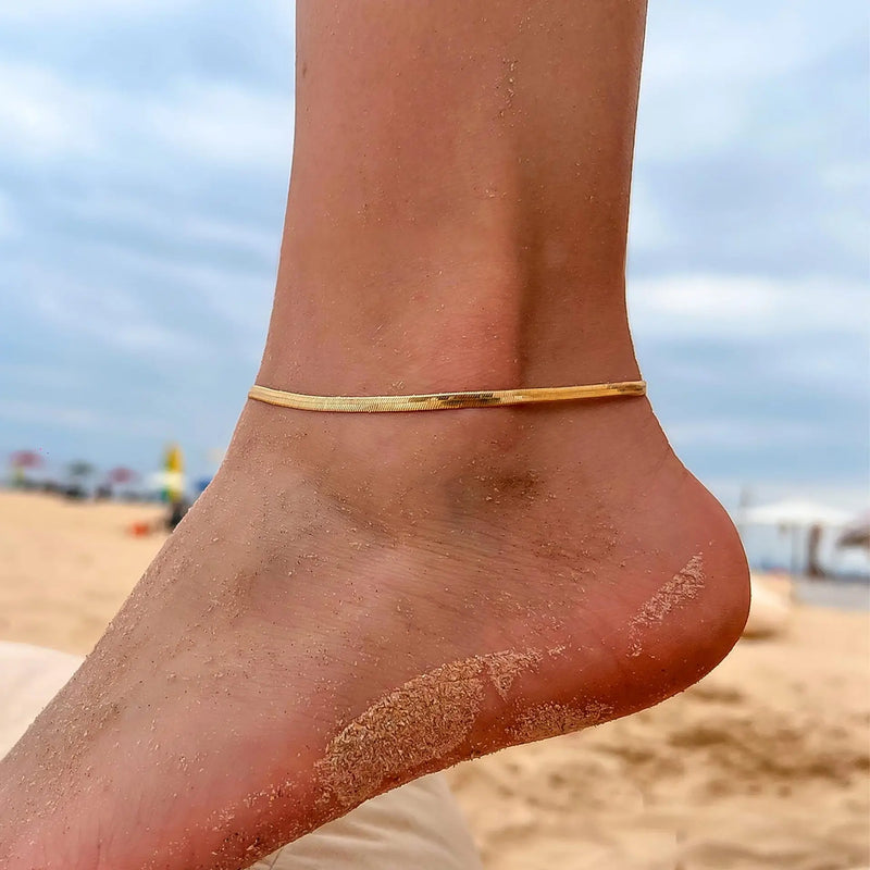 Layered Herringbone Anklet Set