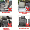 Various views of PU leather car seat covers showing features like armrest, headrest insertion, and built-in belt.