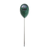 A green soil moisture meter with a metal probe and a clear display.