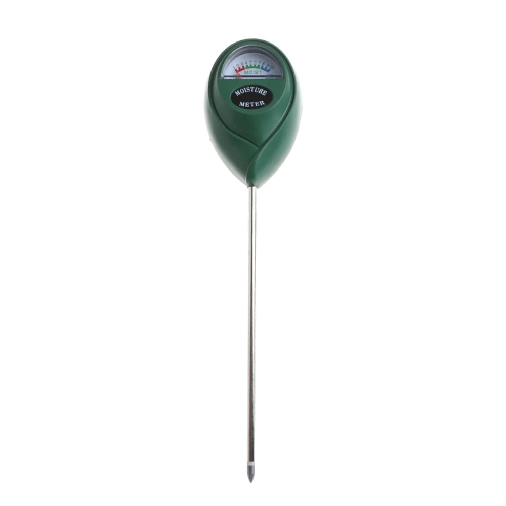 A green soil moisture meter with a metal probe and a clear display.