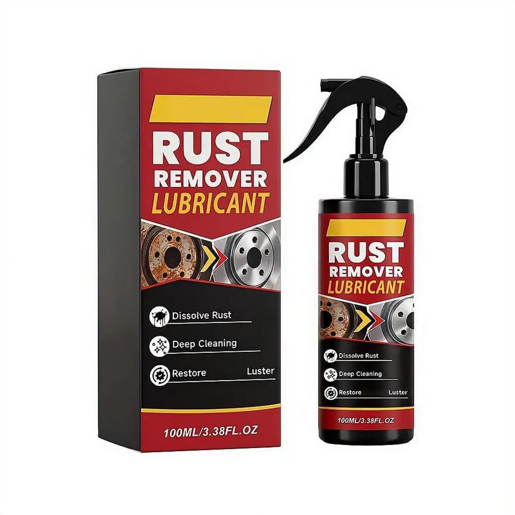 A black box and a black spray bottle of Rust Remover Lubricant with a black pump dispenser.