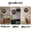 Decorative wooden gaming controller wall clock shown in study room, kitchen, and living room settings.