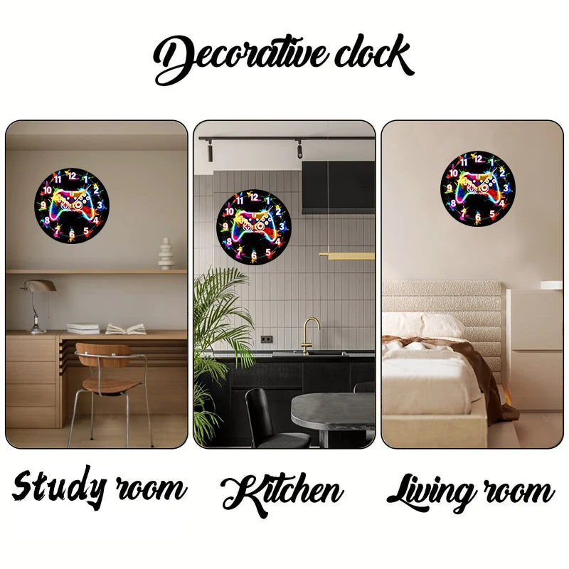 Decorative wooden gaming controller wall clock shown in study room, kitchen, and living room settings.