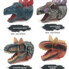 A set of realistic dinosaur hand puppets in various colors including blue, grey, and yellow.