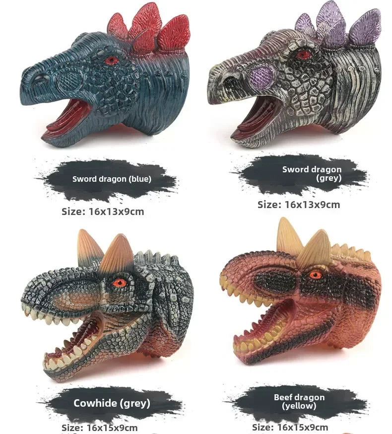 A set of realistic dinosaur hand puppets in various colors including blue, grey, and yellow.