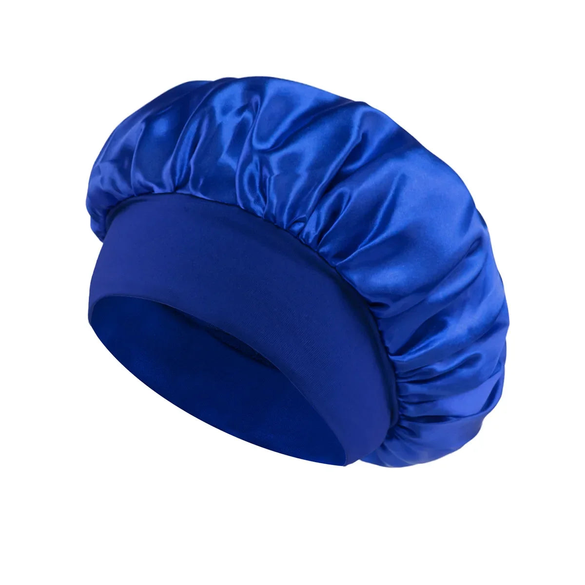 Bonnet de nuit en satin bleu royal à large bord.