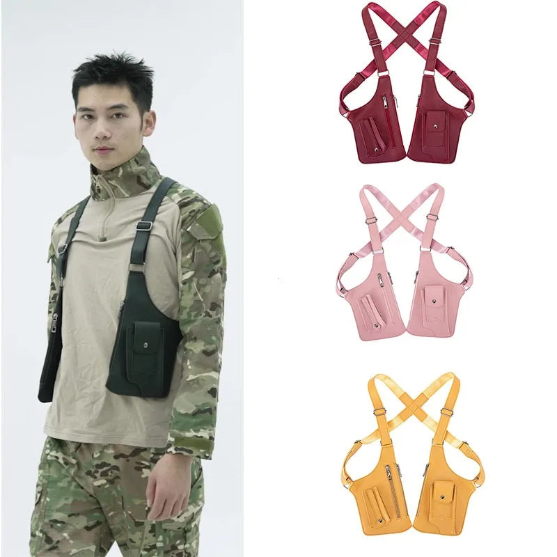 A person wearing camouflage attire is shown next to several anti-theft underarm wallet bags in various shades of pink and yel