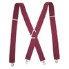 A pair of maroon X-back adjustable suspenders with metal clips.