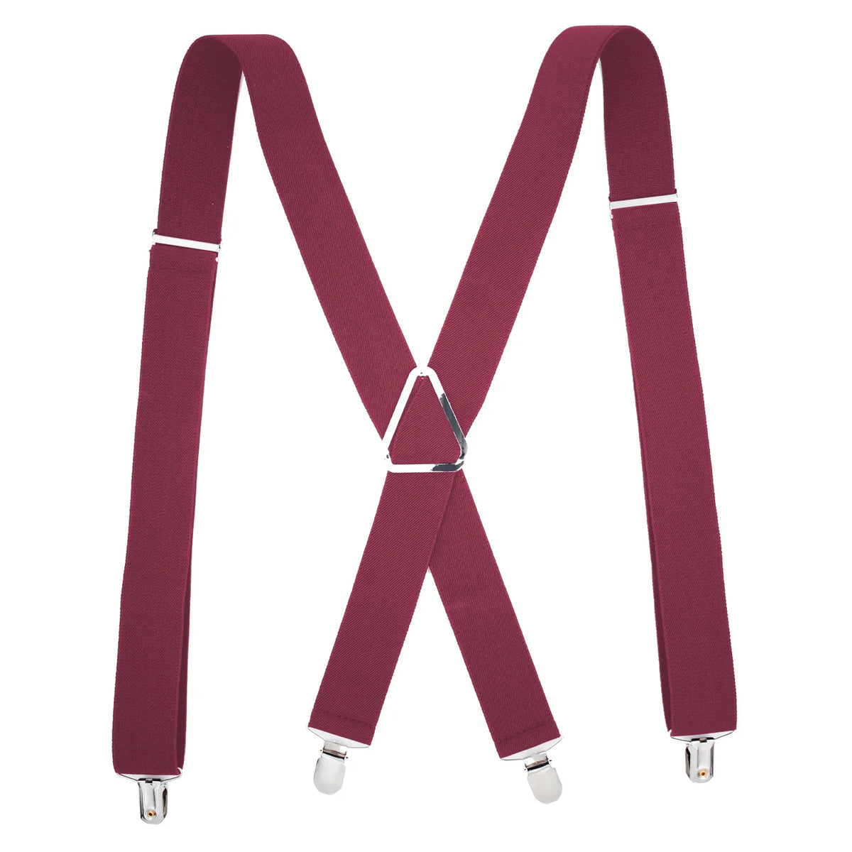 A pair of maroon X-back adjustable suspenders with metal clips.