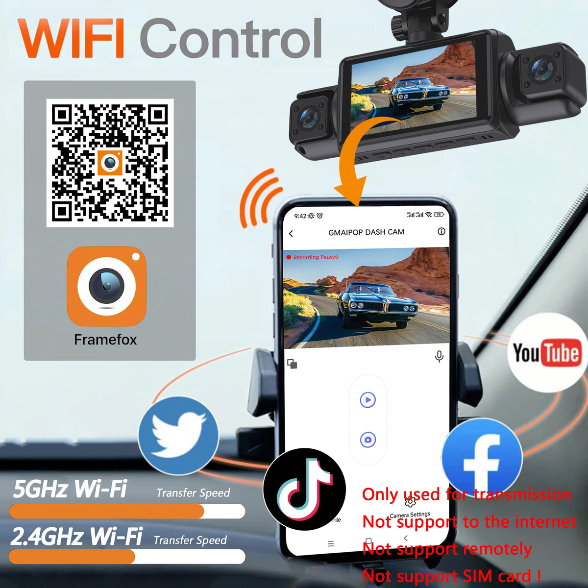 A mobile phone displays a live feed from a WiFi dash cam, with QR code and app icons shown.