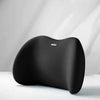 Black memory foam car headrest and lumbar support pillow set shown on a white surface.