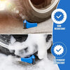 Blue car hose guide with roller wedge used to clean a tire and prevent damage.
