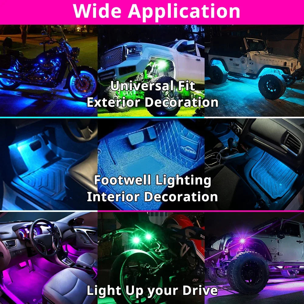 Various applications of remote control RGB LED strobe lights including exterior decoration, footwell lighting, and light up y