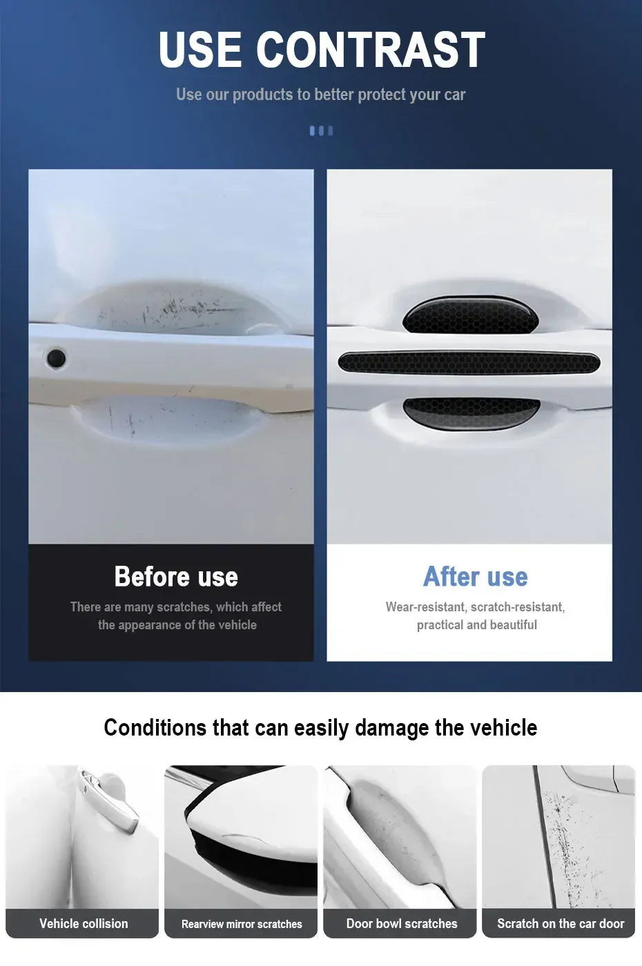 Before and after images showing the use of a product to protect a car door against scratches.
