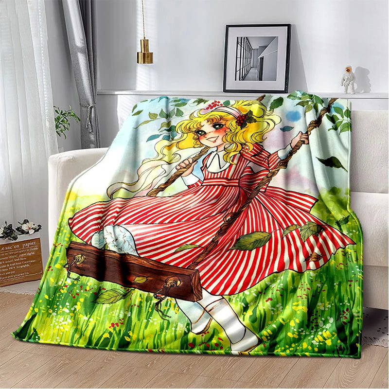 Cartoon Anime Flannel Throw Blanket in Candy Girl Design