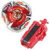 A Beyblade starter set featuring a silver launcher and a red Phoenix Wing piece with a dragon design.