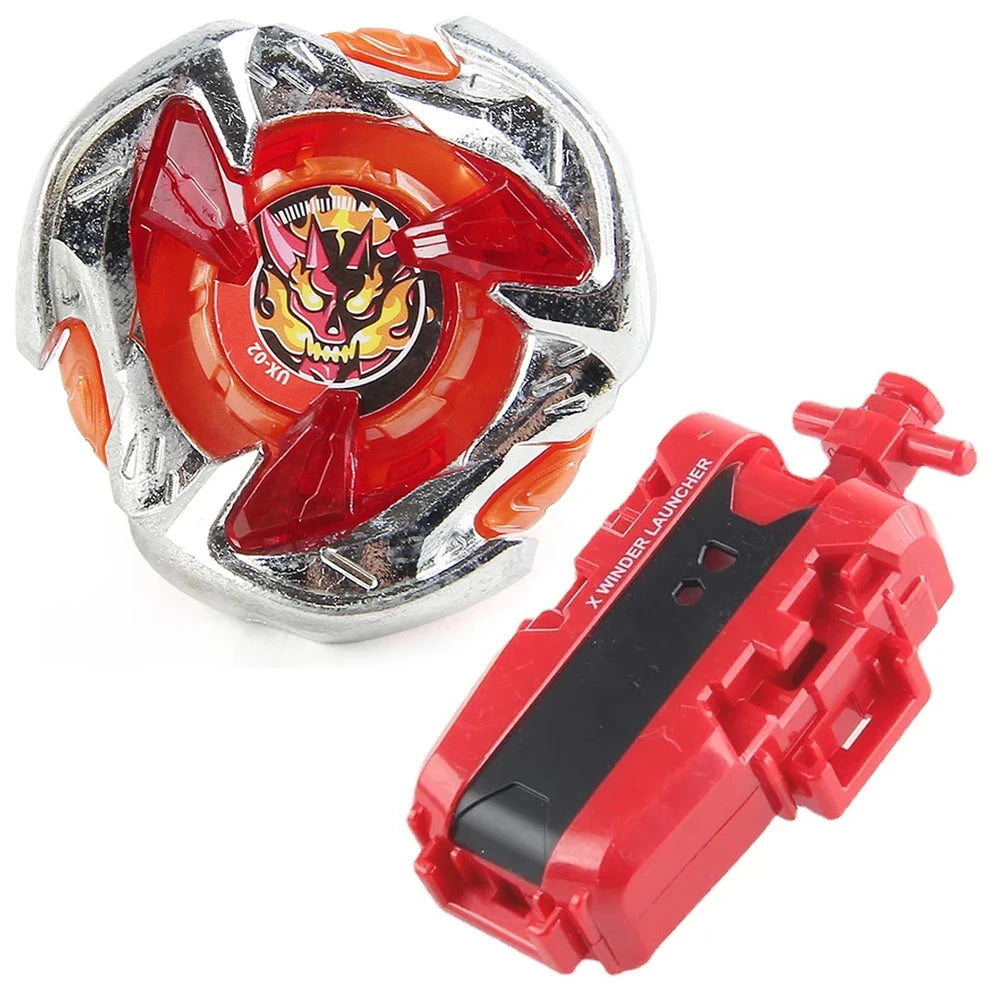 A Beyblade starter set featuring a silver launcher and a red Phoenix Wing piece with a dragon design.