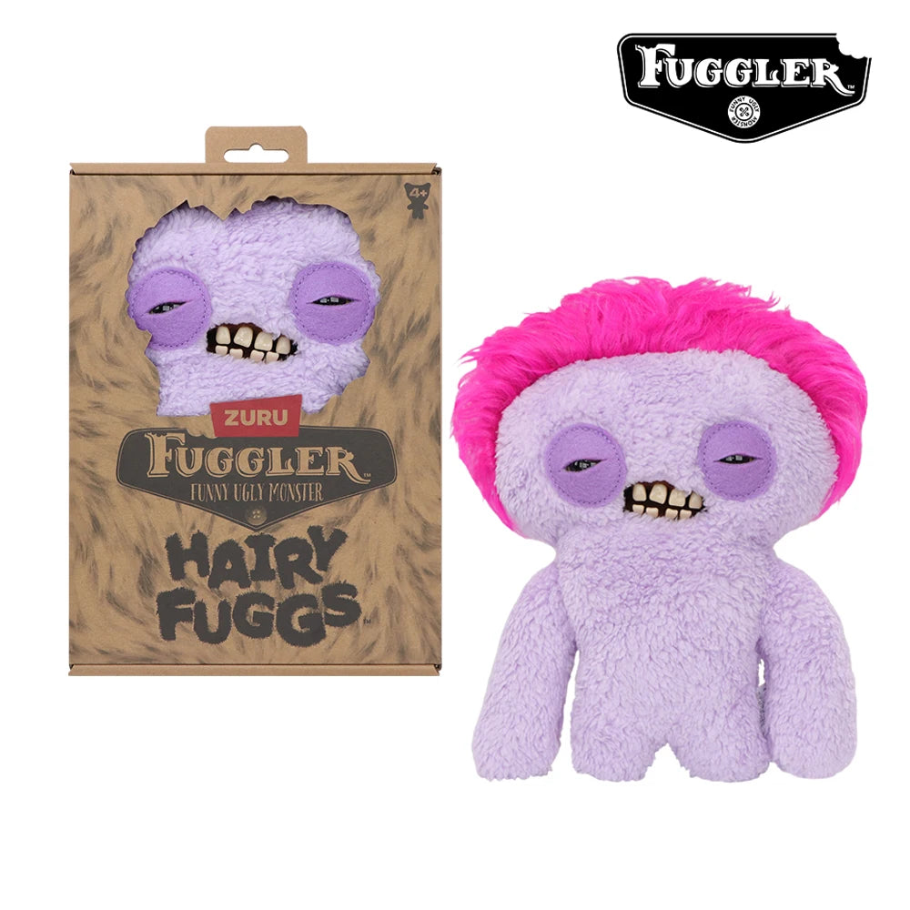A purple plush toy of an ugly monster with pink hair and funny teeth, packaged in a brown box.