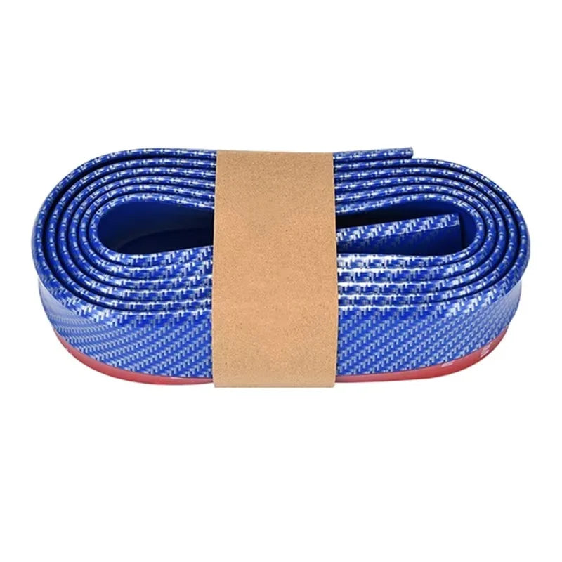 A roll of blue and white carbon fiber rubber anti-collision strip for a car front bumper lip protector.