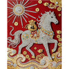 A painting featuring a white horse adorned with pearls and gold accents on a red background.