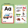 A set of alphabet phonics flash cards showing the letter Aa and related vocabulary like a van, ant, alligator, and astronaut.