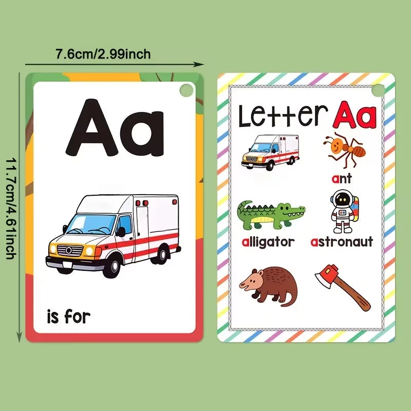 A set of alphabet phonics flash cards showing the letter Aa and related vocabulary like a van, ant, alligator, and astronaut.