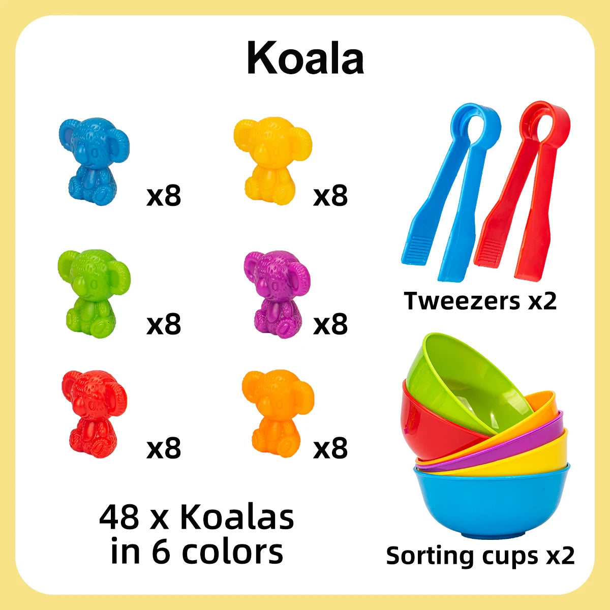 A set of 48 Koala counting animal sorting toys in 6 colors and 2 sorting cups.