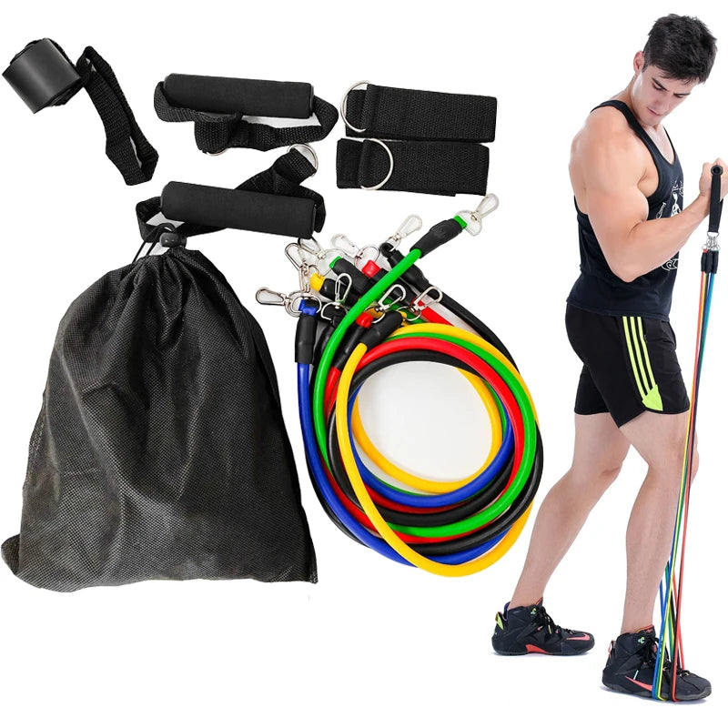 Set de bandas de resistencia negras con asas y bandas de colores, junto a un anclaje y correas para la puerta.