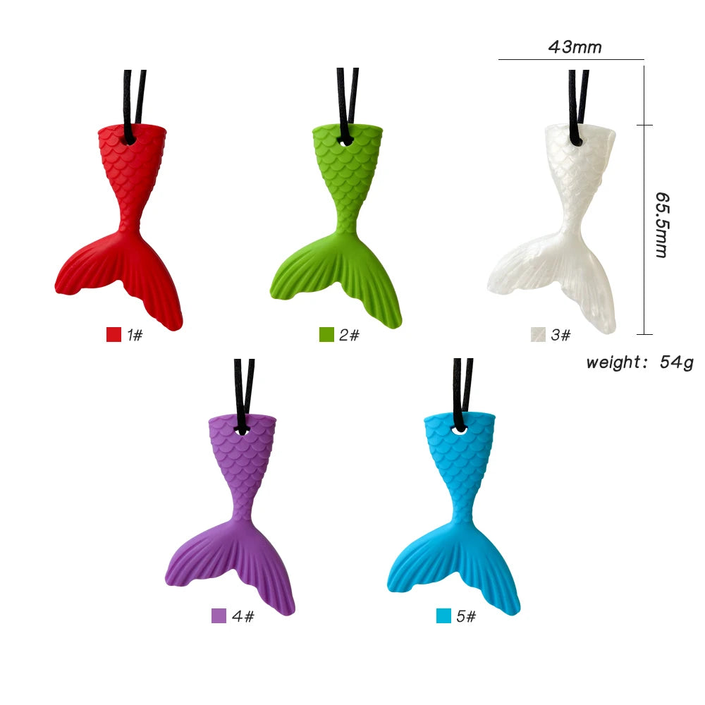 Five silicone sensory chew necklaces in red, green, white, purple, and blue are displayed with a measurement scale.