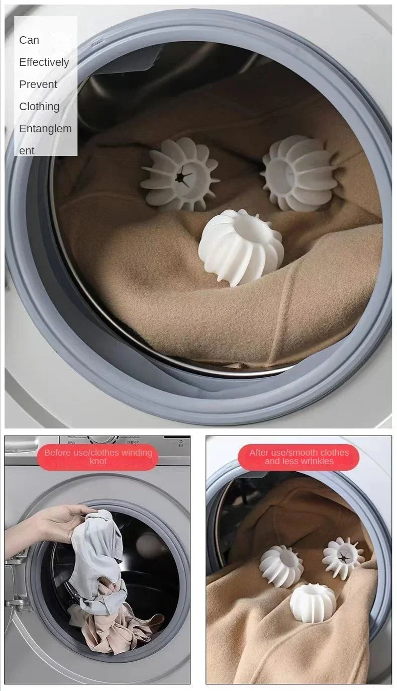 Reusable laundry balls used inside a washing machine drum to prevent clothing entanglement and lint removal