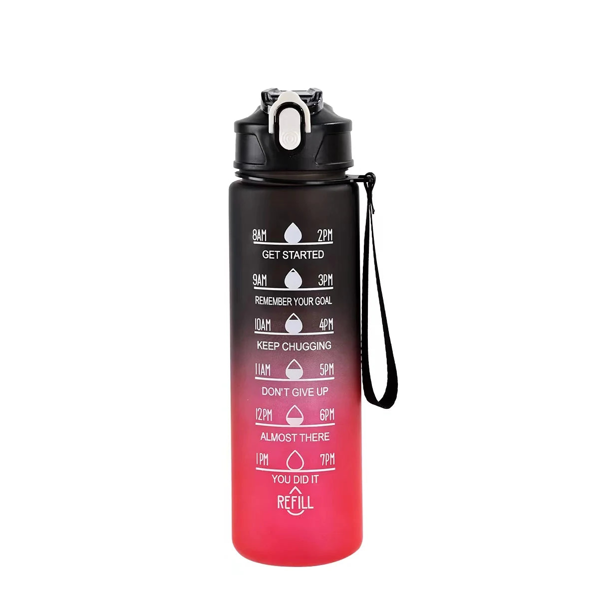 A black motivational time-marker water bottle with a straw, featuring time-based goals like get started and refill.