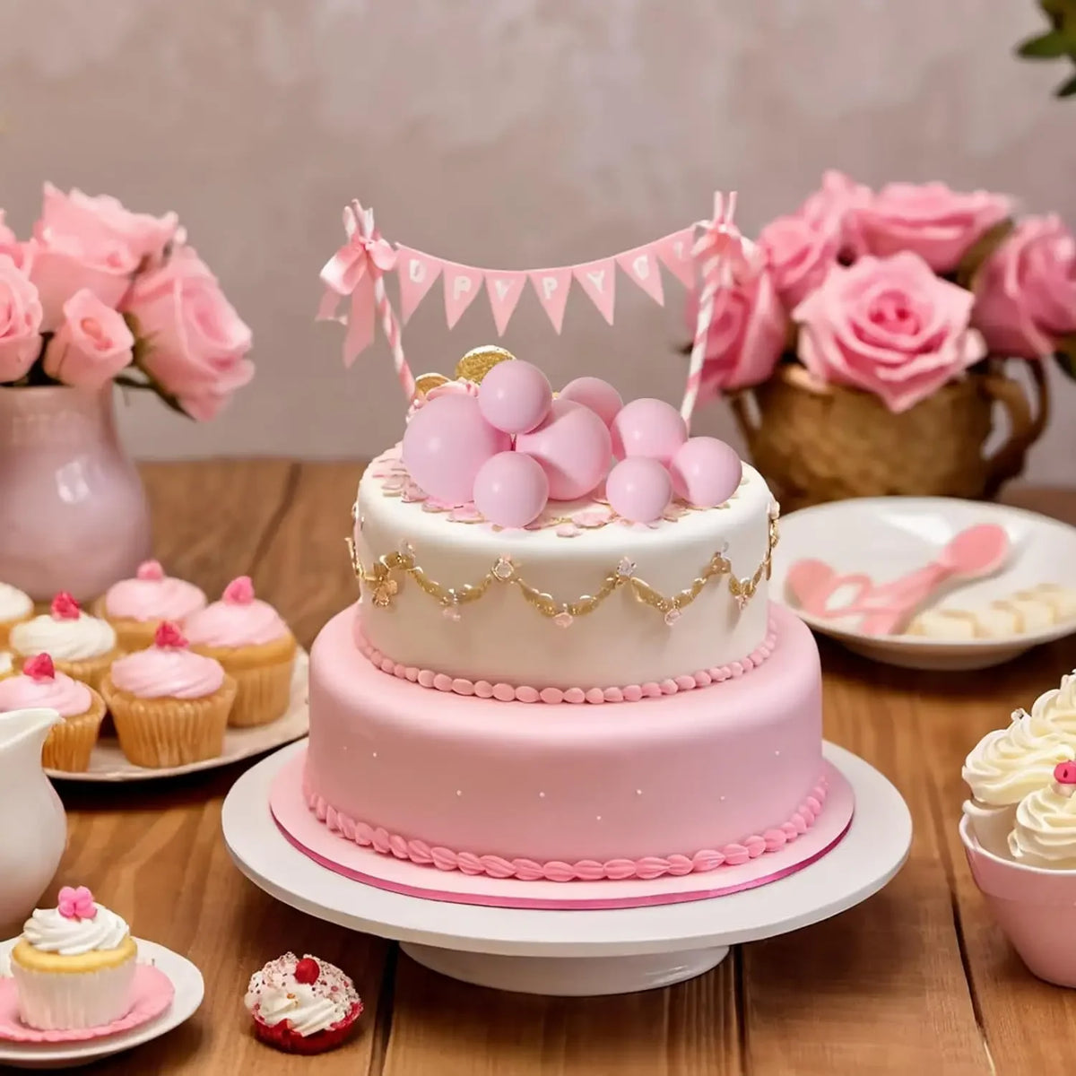 Mehrstöckiger rosa Kuchen mit goldenen Akzenten und rosa Kugiedekorationen vor Holz-Hintergrund