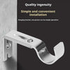 A silver metal curtain rod bracket is shown against a gray background, illustrating simple installation.