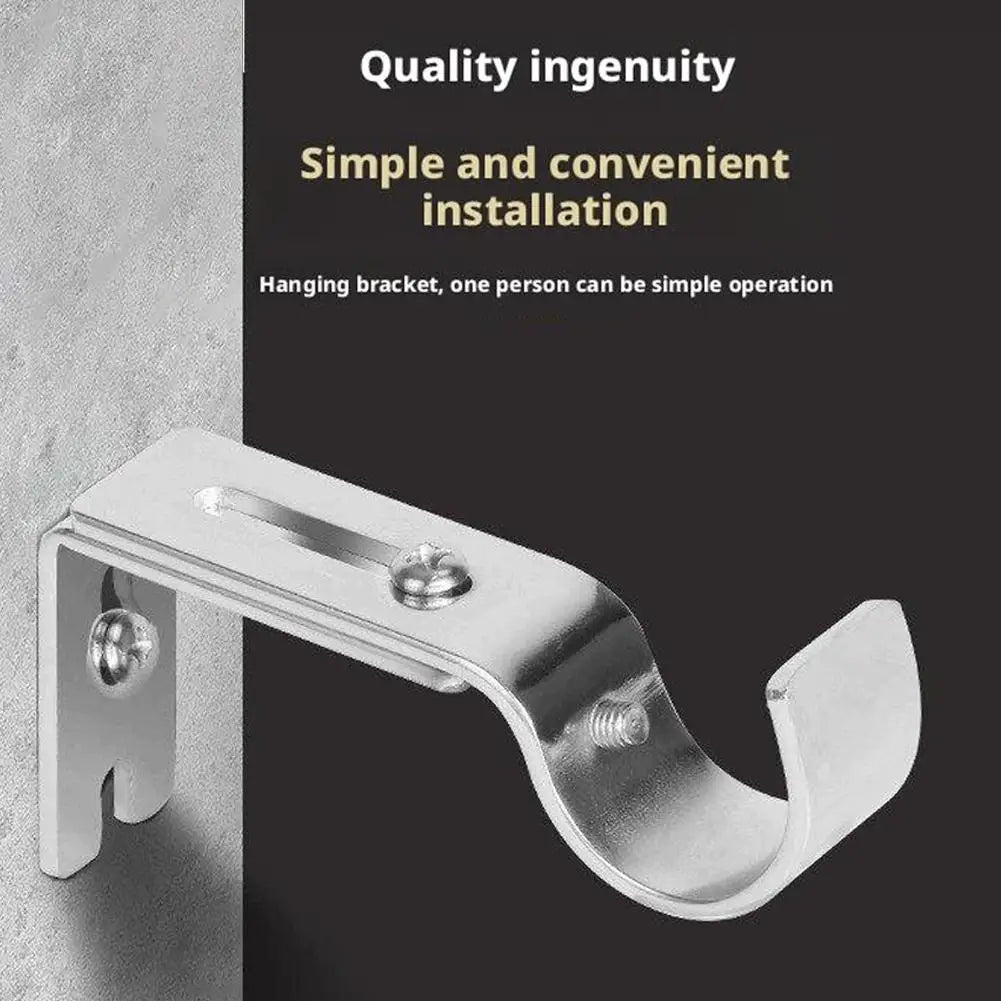 A silver metal curtain rod bracket is shown against a gray background, illustrating simple installation.