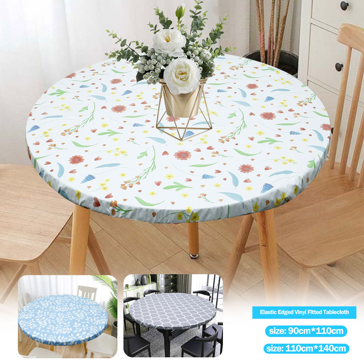 White floral patterned round tablecloth displayed on a wooden table with chairs.