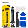 A yellow box showing a 9-piece caulk tool kit with silicone scraper and finisher set including various tools.