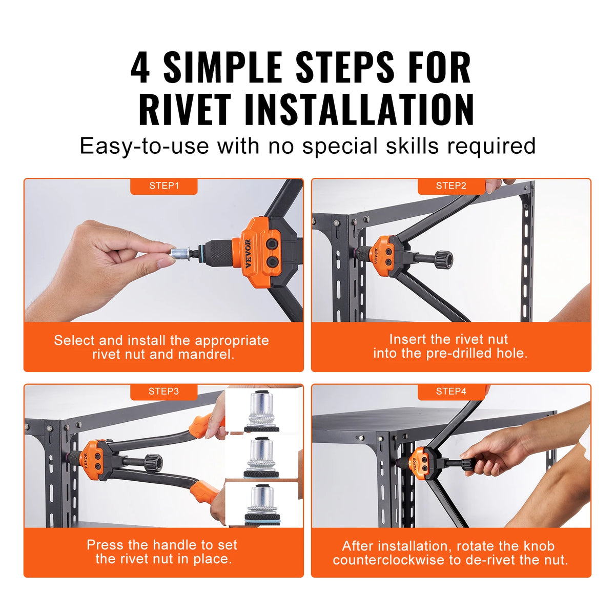 Four steps for rivet installation showing a tool inserting a rivet nut into a pre-drilled hole.