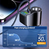 A close-up of a black car charger with a digital display showing a fast charging protocol graph.